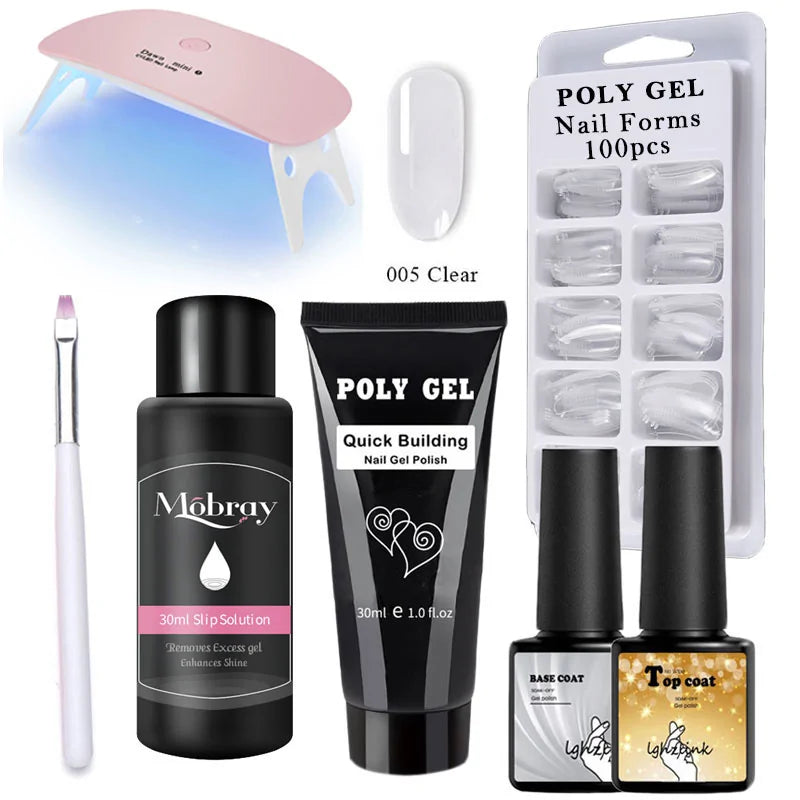 French Nail Art Poly Gel Kit with UV Brush and Nail Tips